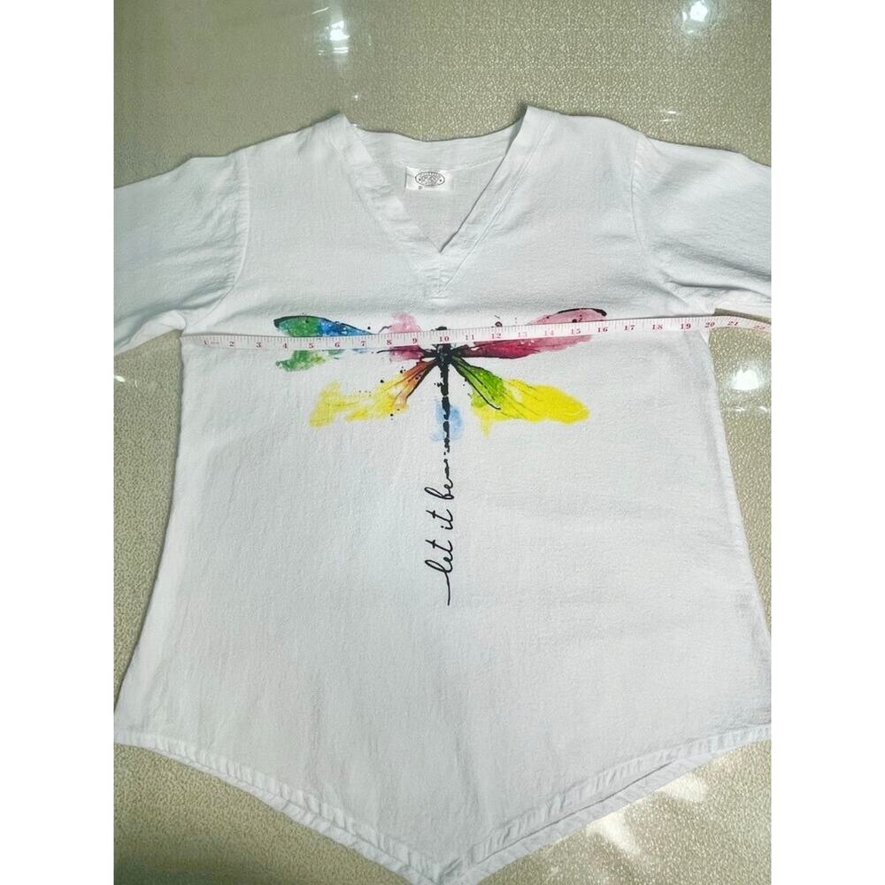Cotton Made Casual Dragonfly Watercolor “Let It Be” V-Neck White Top Size Small - Picture 6 of 8